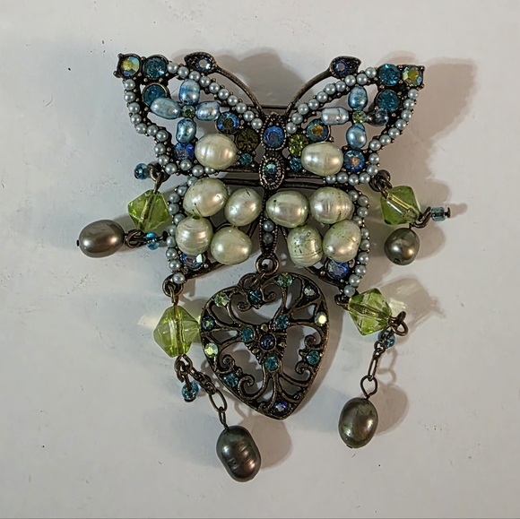 Vintage Jewelry - Vtg Butterfly Freshwater Pearl Crystal Brooch